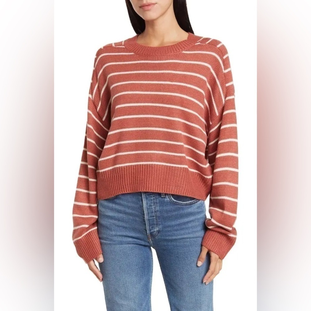 T Tahari Saddle Stripe Long Sleeve Knit Sweater Mauve Pink White Small